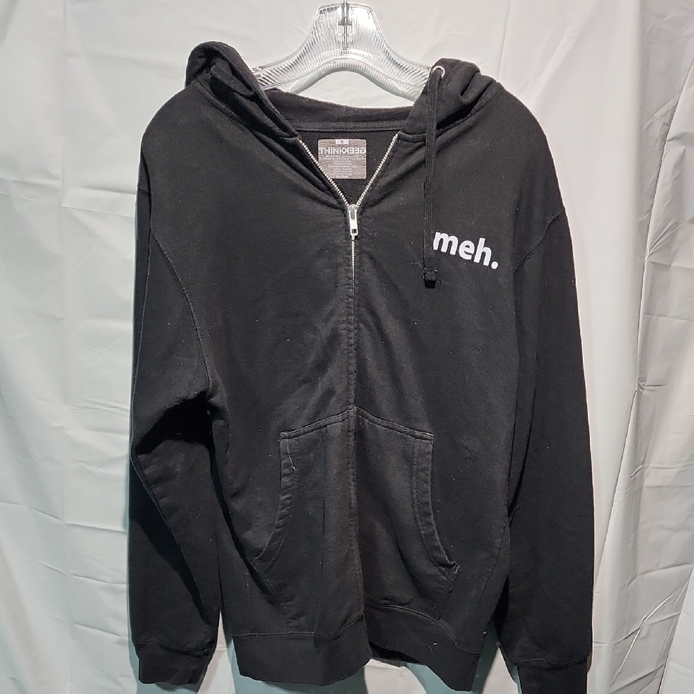 Think! Black Zip-Up Hoodie with "meh." Chest Print